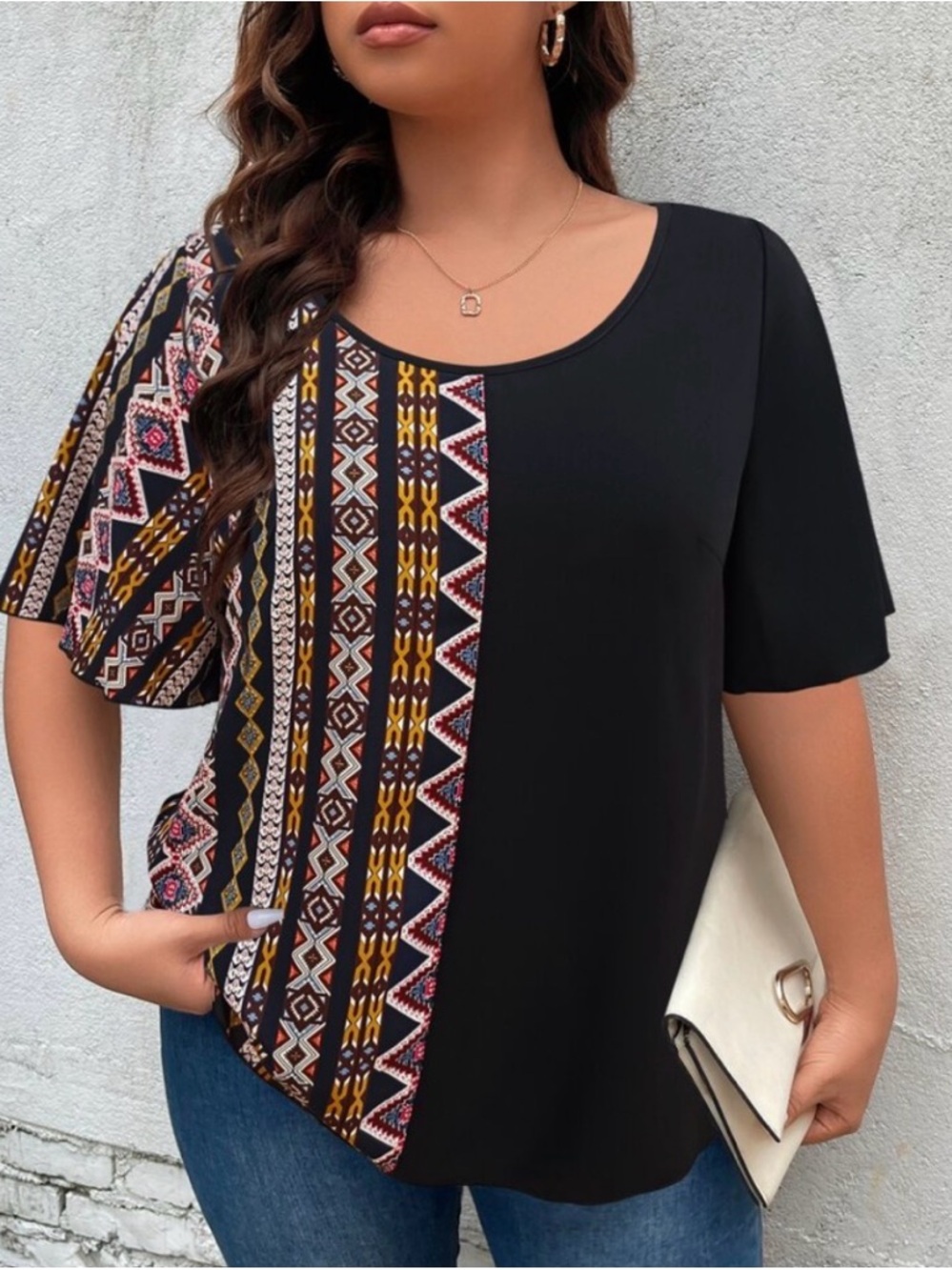 Geo/Aztec print Flowy Lightweight Flutter Sleeve top by EARO Size 3X